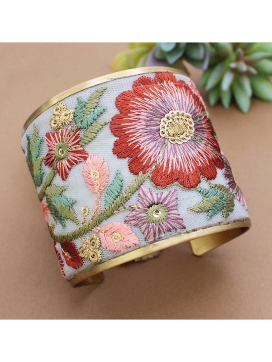Handmade Jewelry - Rust Rose Pink Embroidered Brushed Gold tone Vintage Inspired Cuff Bracelet